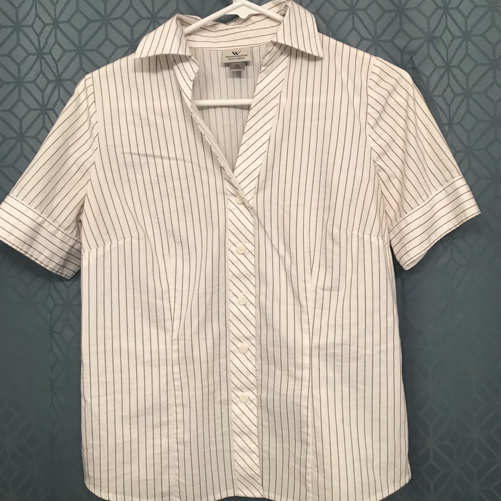 Petite sm. white/ black pinstripe stretch blouse